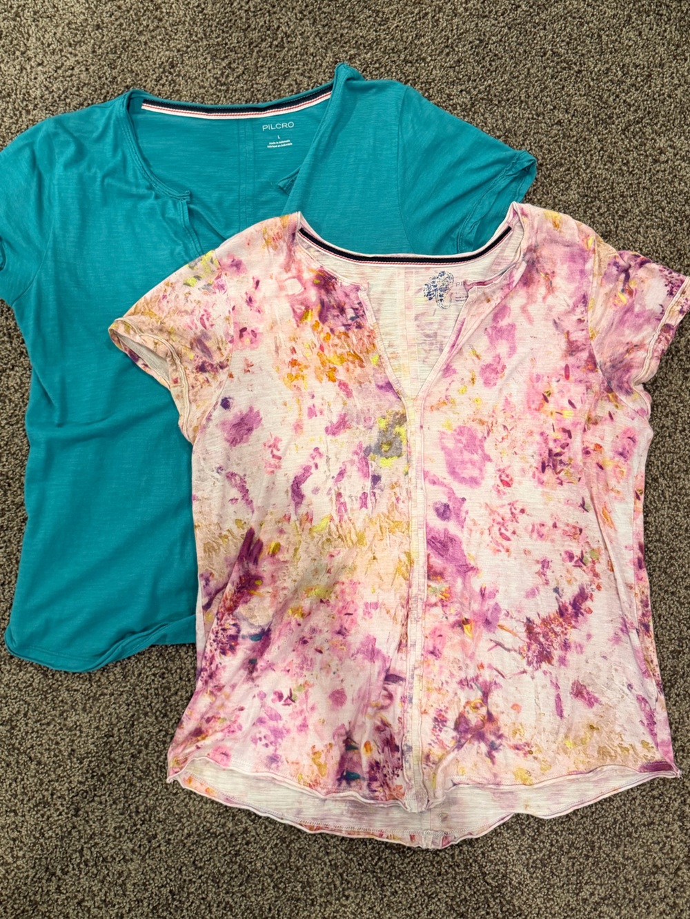 Pilcro Anthropologie Sz. L Split Neck Tee, Pink, Purple, Teal, Short Sleeve Top